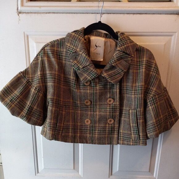 Vintage S line Pleated Peter Pan, Double Breasted Women's Cropped Jacket - Picture 1 of 7